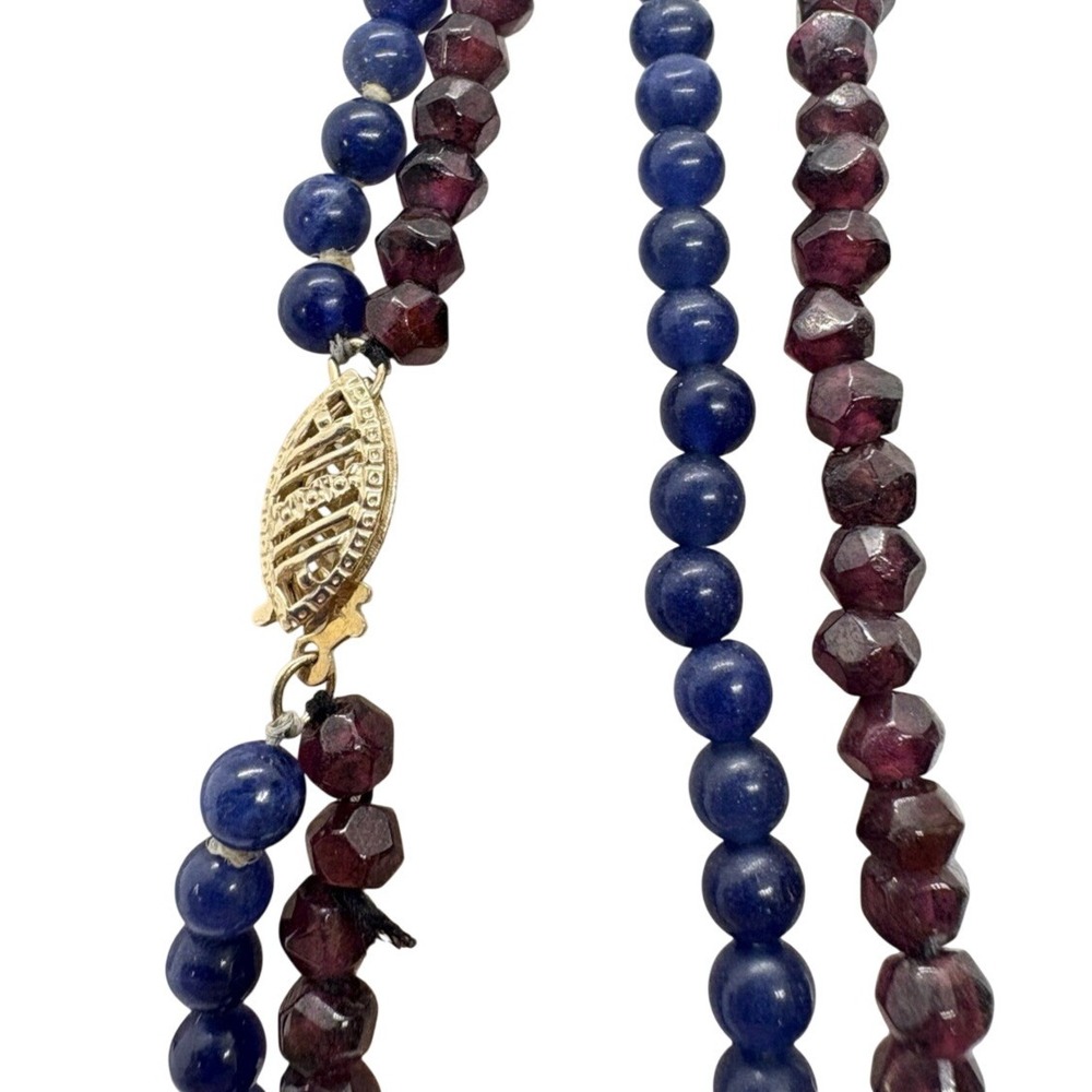 Vintage 14K Gold Clasp Garnet & Sodalite Bead‎ Necklace 18.5" Faceted Gemstones